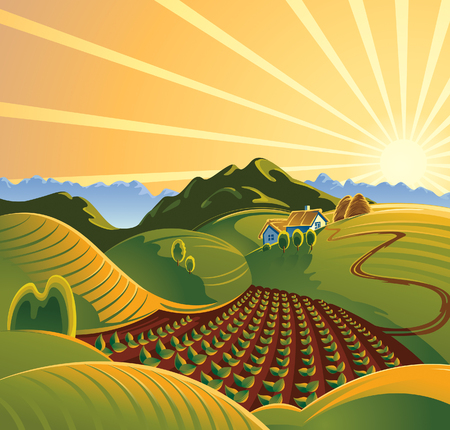 Solar rural landscape with a sunset and mountainsのイラスト素材