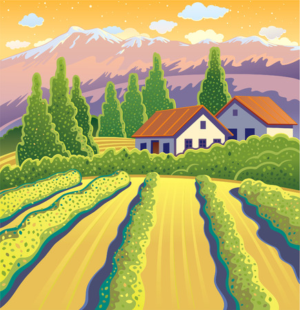 Solar Landscape with vineyard.のイラスト素材