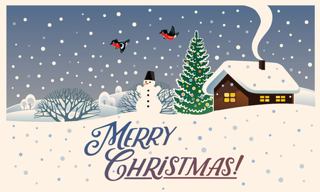 Winter landscape with rural house and Christmas spruce, with snowman and bullfinches.のイラスト素材