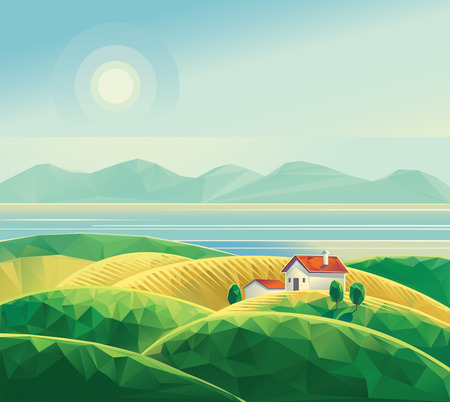 Landscape with hut. Polygon illustration vector.のイラスト素材