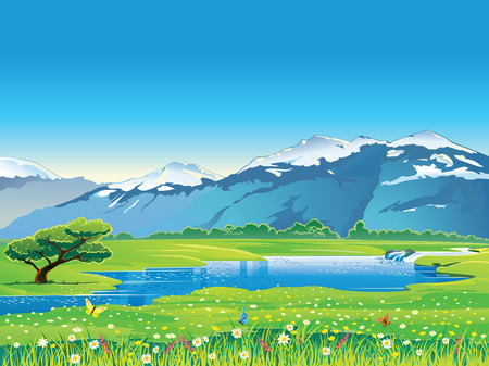 Summer mountain landscape with mountainous river.のイラスト素材