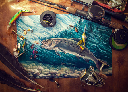 Illustration about fishing, surrounded by fishing accessories.の写真素材