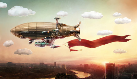 Concept art. Dirigible with a banner, in the sky over a city.の写真素材