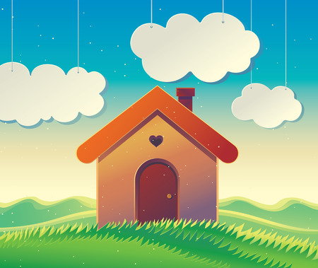 House on the hill, illustration of a hilly landscape with a country house in cartoon style.のイラスト素材