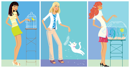 Set Illustration: Girls and with pets.のイラスト素材