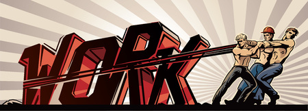 Group of workers pull the letters "Work"のイラスト素材