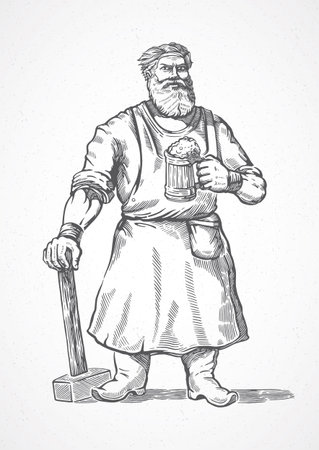 Blacksmith worker, standing with hammer is holding a mug full of beer, in style engraving.のイラスト素材
