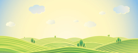 Summer rural landscape, panorama view, sunrise over the hills, can be used as background image.のイラスト素材