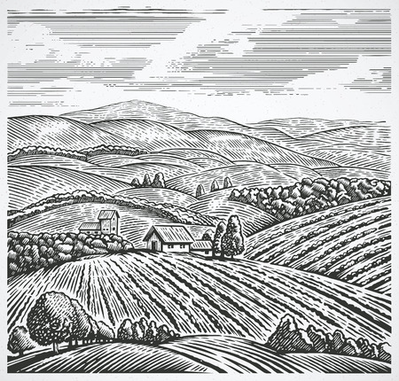 Rural landscape in graphic style, hand drawn and converted to Illustration.のイラスト素材