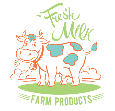 Happy cow at the meadow with a flower in the mouth and the inscriptions about dairy products.のイラスト素材