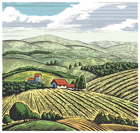 Rural landscape in graphic style, hand drawn and converted to Illustration.のイラスト素材