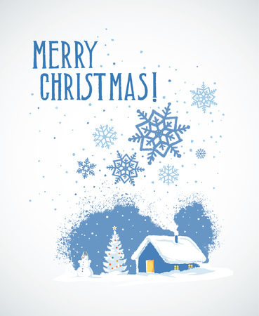 Winter countryside landscape with a house, snowman, and Christmas tree, holiday card.のイラスト素材