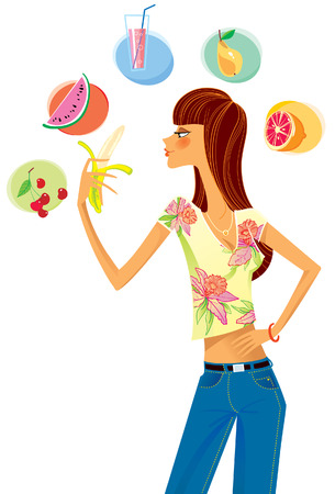 Girl chooses what to eat, and holding a banana in his hand.のイラスト素材