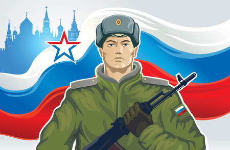 Russian soldier with kalashnikov of the background on Russian flag.のイラスト素材