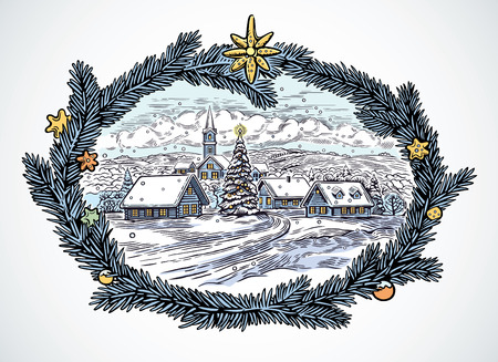Festive winter rural landscape with frame from spruce needles.のイラスト素材