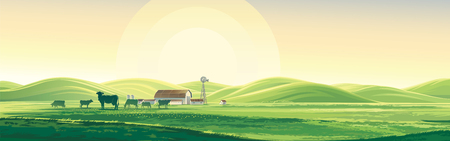 Summer rural landscape from cows and farm, dawn above hills, elongated format.のイラスト素材