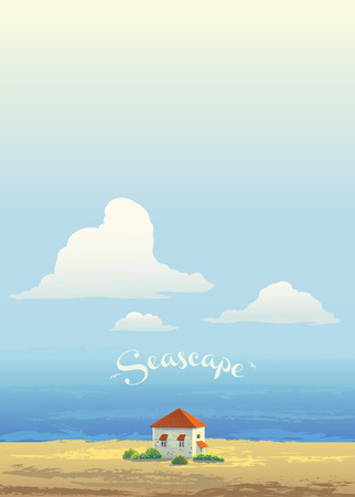 House on the coast of the sea, and the high sky with cloud, vector scenery.のイラスト素材