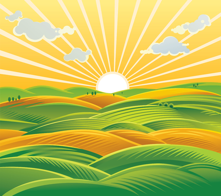 Rural landscape. Fields and hills at dawn.のイラスト素材