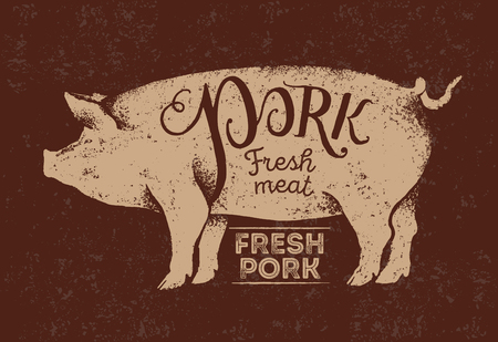 Silhouette of a piglet in a graphic style and inscriptions, pork label.のイラスト素材