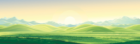 Mountain landscape with a dawn, an elongated format for the convenience of using it as a background.のイラスト素材
