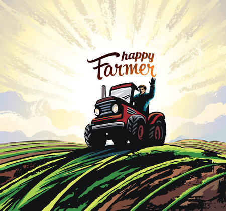 Farmer on the tractor, waving his hands, to the top of the hill against the backdoor of the sunrise, vector illustration in retro style.のイラスト素材