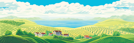 Rural panoramic view of distant fields, wight village, gardens and plantations with a large water lake or sea.のイラスト素材