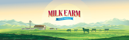 Summer rural landscape with cows and farm, dawn above hills, with tematic label.のイラスト素材