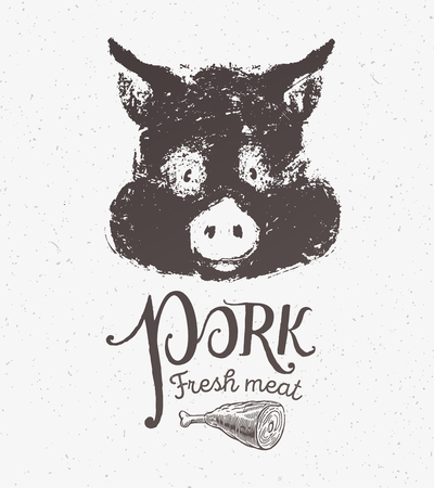 Graphic silhouette image of the pig's head, with the inscription and pattern of the pig's knuckle.のイラスト素材