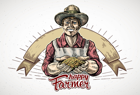 Happy farmer holding a handful of grain in his hands. Vector illustration in engraving style.のイラスト素材