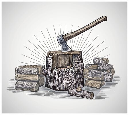 Ax in a wooden stump surrounded by chopped logs, illustration in a graphic style and painted in colorのイラスト素材