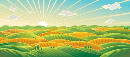 Panoramic rural Landscape, sunrise over fields and hillsのイラスト素材