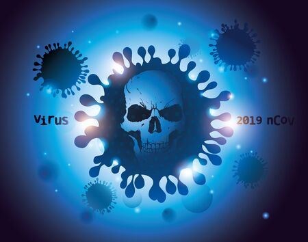 Conventional illustration of the virus with a symbolic image of the skull, as a comparison of the deadly danger to humans.のイラスト素材