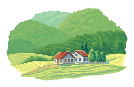 Summer rural landscape with two houses and distant forest hills in the backgroundのイラスト素材