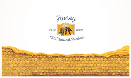 Honeycombs with honey, and a symbolic simplified image of a bee as a design element.のイラスト素材