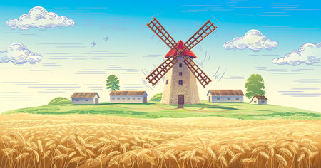 Rural landscape with mill and with rural buildings and with ears of wheat in the foreground.