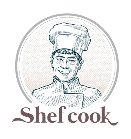Portrait of a chef cook in a frame, drawn in the graphic style of an engraving. vector illustration.のイラスト素材