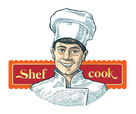 Chef cook, drawn in the graphic style of an engraving. vector illustration.のイラスト素材