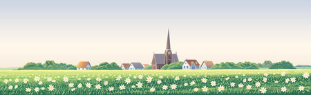 Rural landscape with a village in the background and a flowering meadow with a carpet of large flowers in the foreground. vector illustration.のイラスト素材