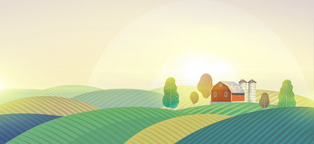 Rural landscape with a farm on a hill, and agricultural fields. Raster illustration.の写真素材