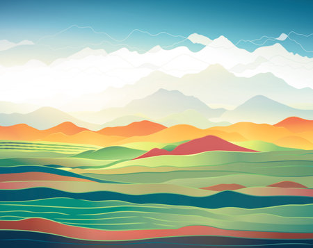 Decorative landscape, stylized mountainous background, compatible with graphic elements. Raster illustration.の写真素材