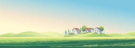 Summer rural landscape panoramic format, with village houses, and field and hills illuminated by the sun.のイラスト素材