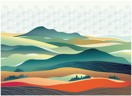 Decorative, stylized mountainous landscape, background compatible with graphic ornamental elements. vector illustration.のイラスト素材