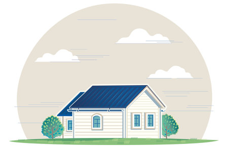 Countryside landscape with a primitive country house Enclosed in a circular composition, vector illustration.のイラスト素材