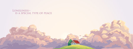 Landscape with lonery house on the hill, against the background of huge clouds in the evening sunlight.のイラスト素材