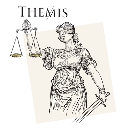 Hand drawn vector illustration of the Greek goddess Themis with scales of justice.のイラスト素材