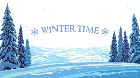 Winter landscape with snow-covered hills illuminated by the winter sun, and standing in the foreground with snow-covered fir trees. Vector Illustration.のイラスト素材