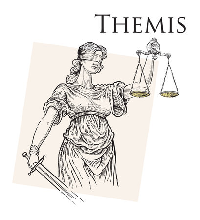 Illustration of the ancient Greek goddess Themis, personifying justice and fair trial, in the engraving style.のイラスト素材
