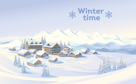Winter mountain landscape with country village houses or hotel complex of the mountain resort. Vector illustration.のイラスト素材