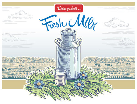 Milk can stand in the grass on an agricultural meadow, against the background of a rural landscape decorated with design elements for use as a design packaging milk products.のイラスト素材