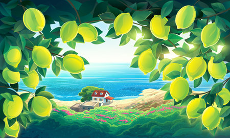 Rural scenery, with lemon tree branches in the foreground, with a house on the sea coast in the background. Raster illustration.の写真素材